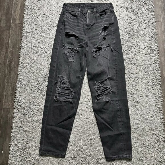 American Eagle Outfitters Denim - American Eagle Jeans Womens 4 Long Black Denim Distressed Straight Leg Logo